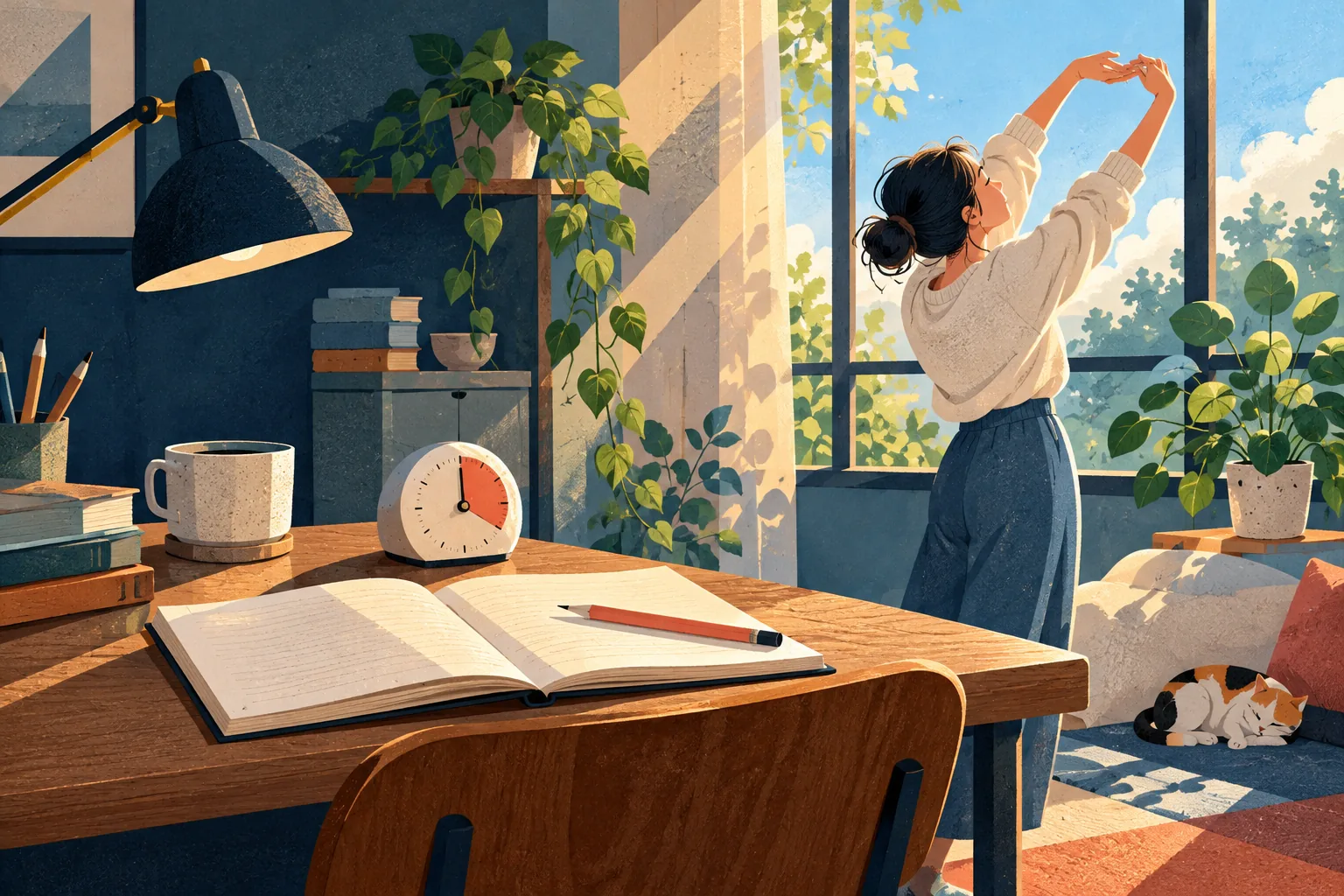 A person stretches near a sunlit window while a notebook and timer wait on the desk.