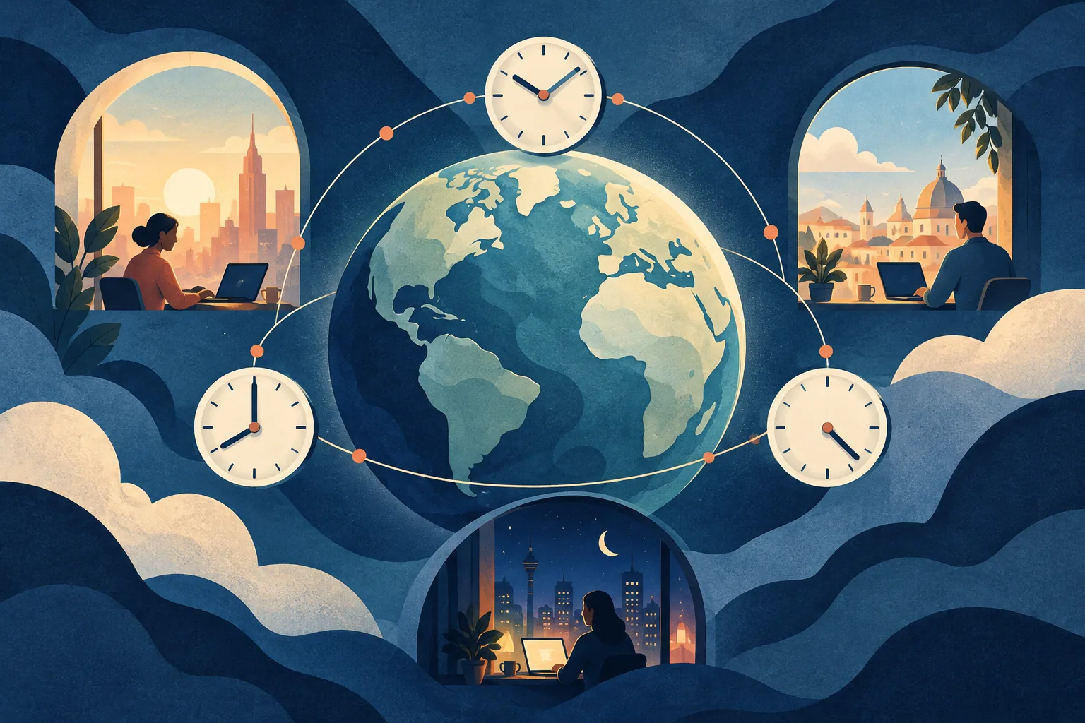 Three clocks orbit a globe, connecting city windows in morning, afternoon, and night.