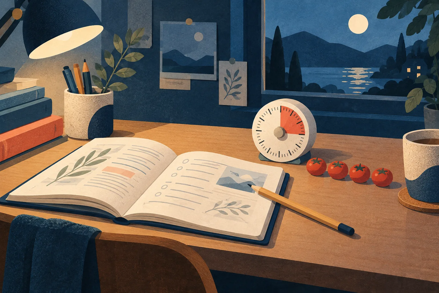 A study notebook, round timer, and four coral tokens mark a focused study routine.