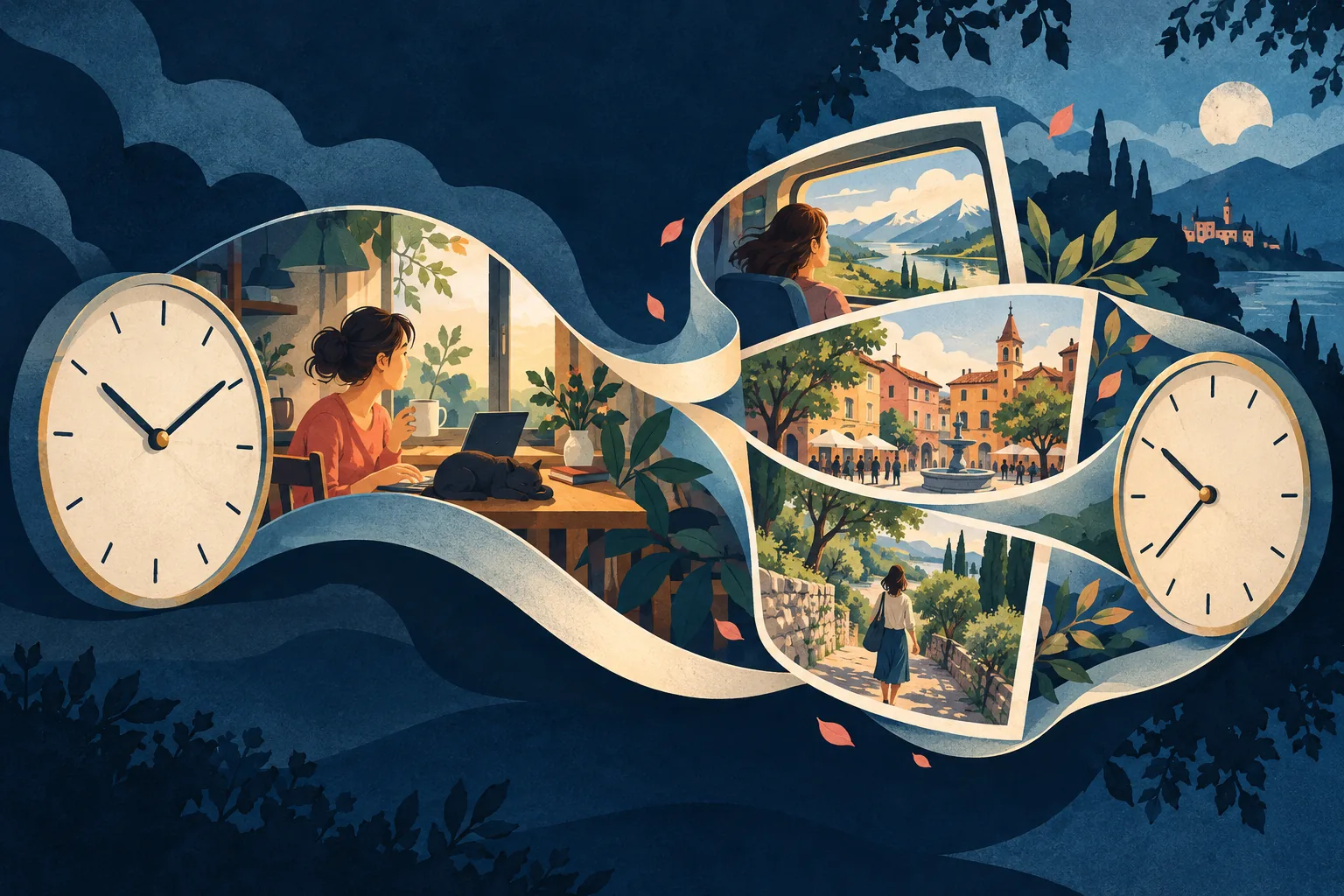 A flowing ribbon connects two clocks and a sequence of remembered scenes.