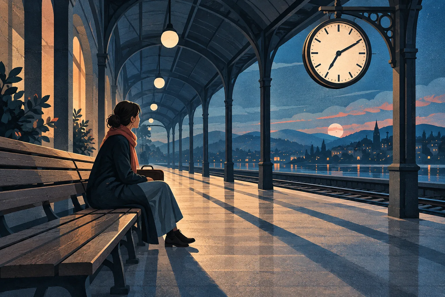 A person waits on a station bench beneath a clock, with long shadows stretching across the platform.