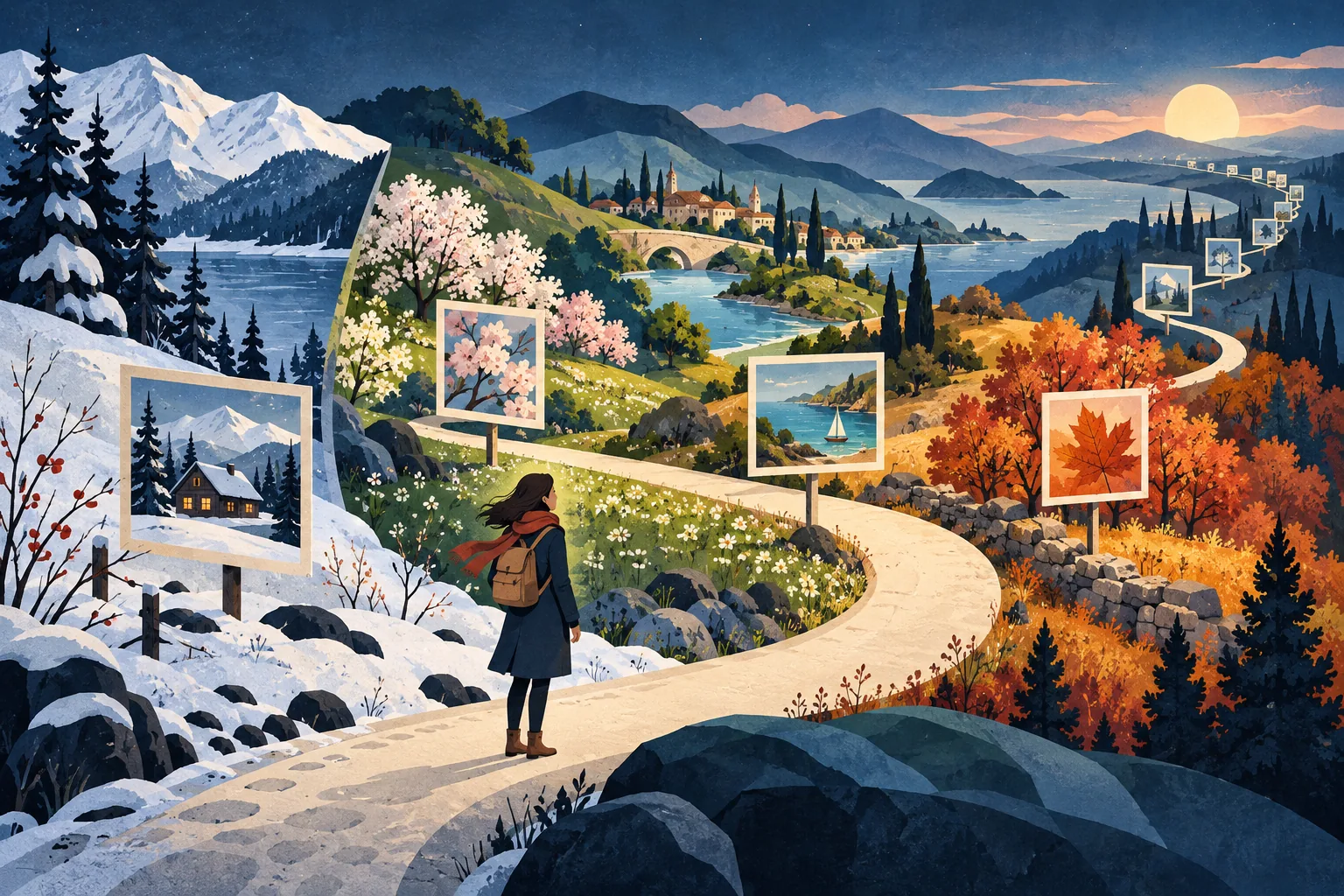 A person looks back along a curved path through seasonal landscapes and framed memories.