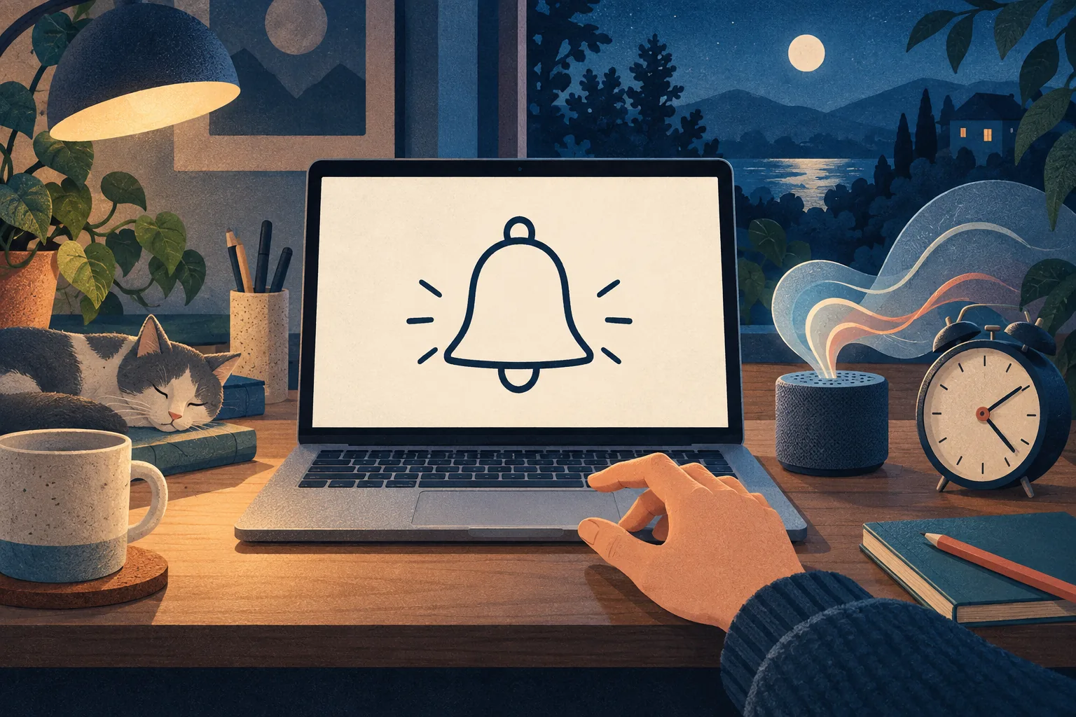 A laptop showing a bell sits beside an alarm clock and speaker emitting gentle sound waves.